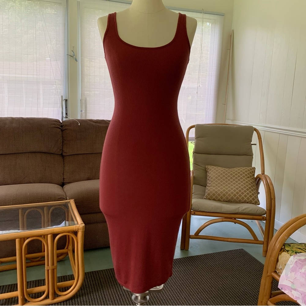 Moda International cranberry ribbed jersey tank dress. Midi length. Size S.